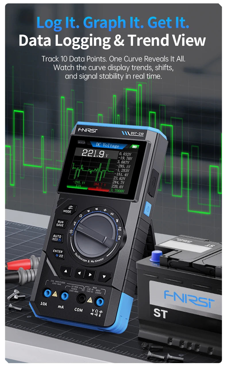 An FNIRSI DC Volt gauge and oscilloscope device is shown on a surface with related testing equipment.