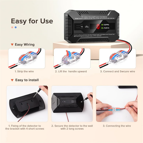 Instructions showing how to wire, install, and connect the Dual Gas Detector for RV Carbon Monoxide & Propane Safety Monitor