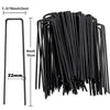 A bundle of heavy-duty black U-shaped garden staples with a 1-3/16 inch length and 6 inch total height.