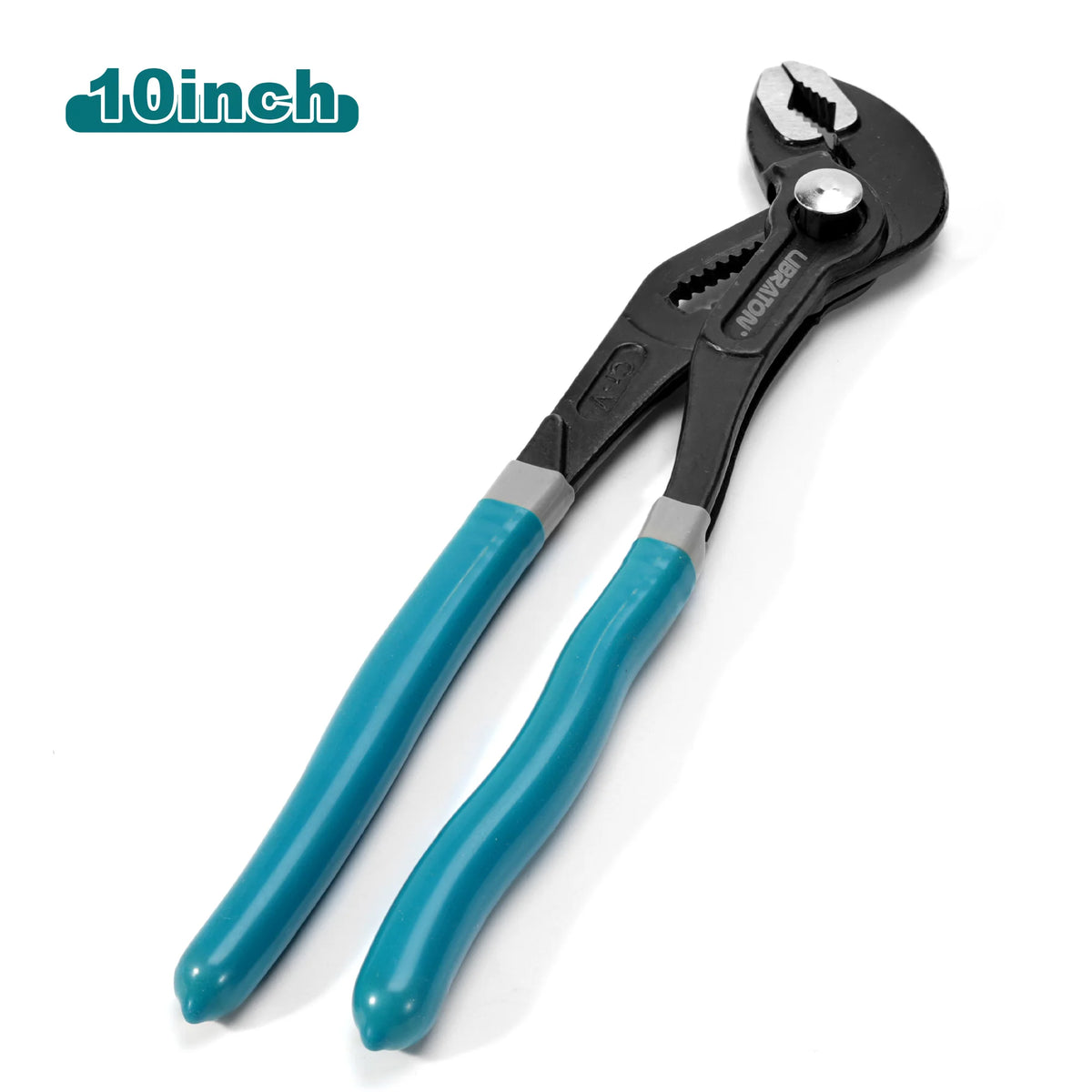 A pair of 10-inch adjustable pliers with black handles and light blue grips.