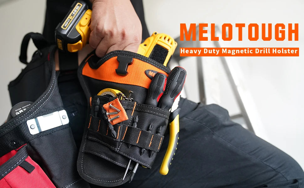 A hand holds a black and orange heavy duty magnetic drill holster for drill bits.