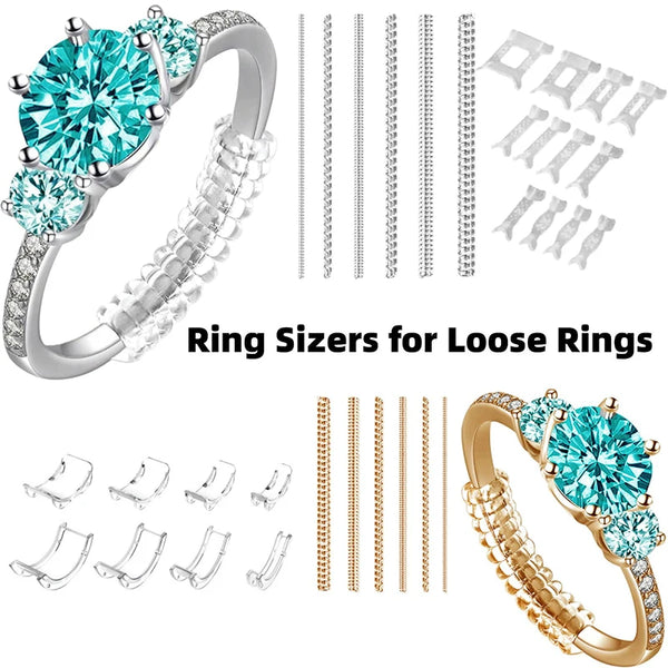 Ein Set unsichtbarer Ringgrößen und ein goldfarbener Ring zur Anpassung lockerer Ringe.