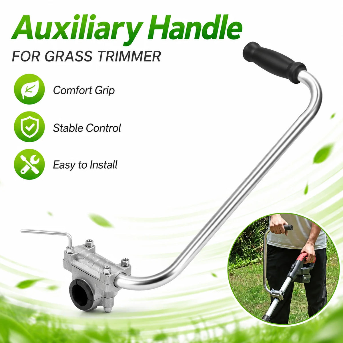 Silver auxiliary handle for a grass trimmer, designed with a comfort grip and easy installation.