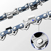 Close-up view of a mini electric chain saw with replacement chains and a blue indicator.