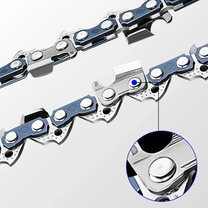Close-up view of a mini electric chain saw with replacement chains and a blue indicator.