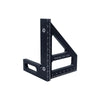 A black precision woodworking square and protractor ruler with a clear scale.