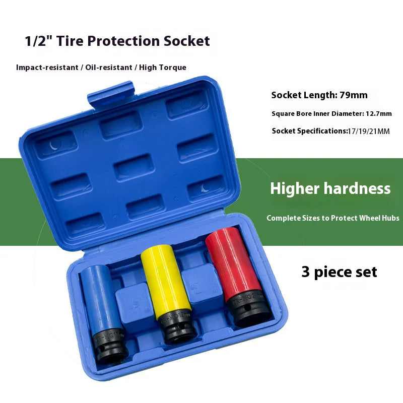 A blue 1/2 inch tire protection socket set with three pieces inside the case.