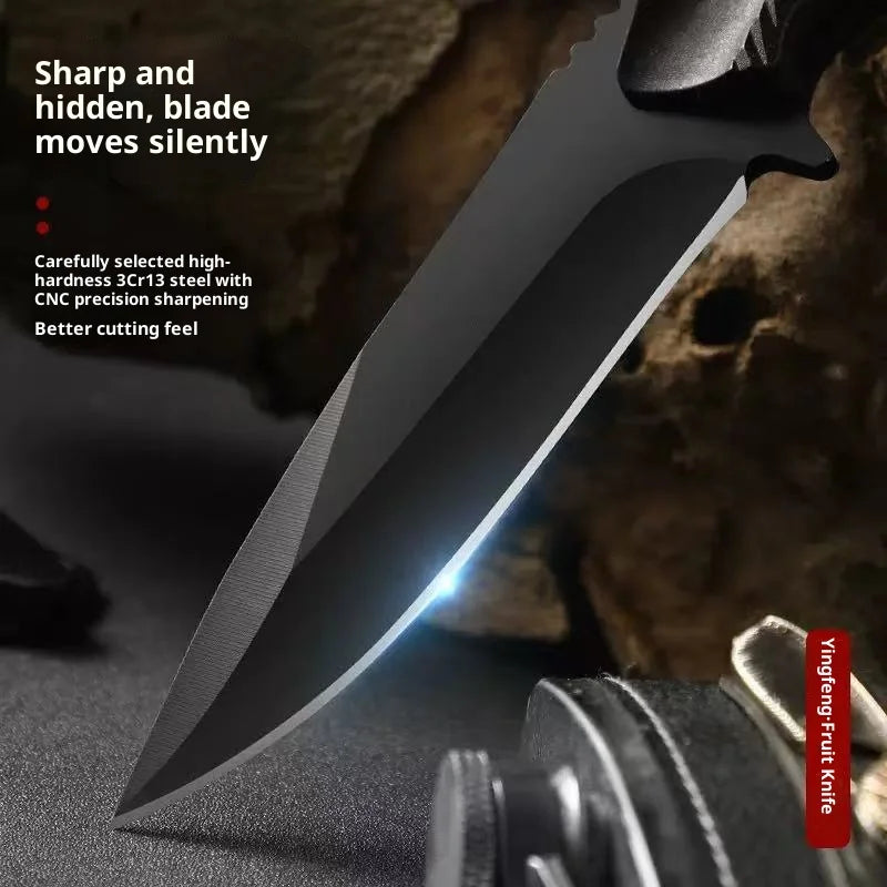 A close-up of a sharp stainless steel fixed blade knife with a polished edge, shown against a dark background.