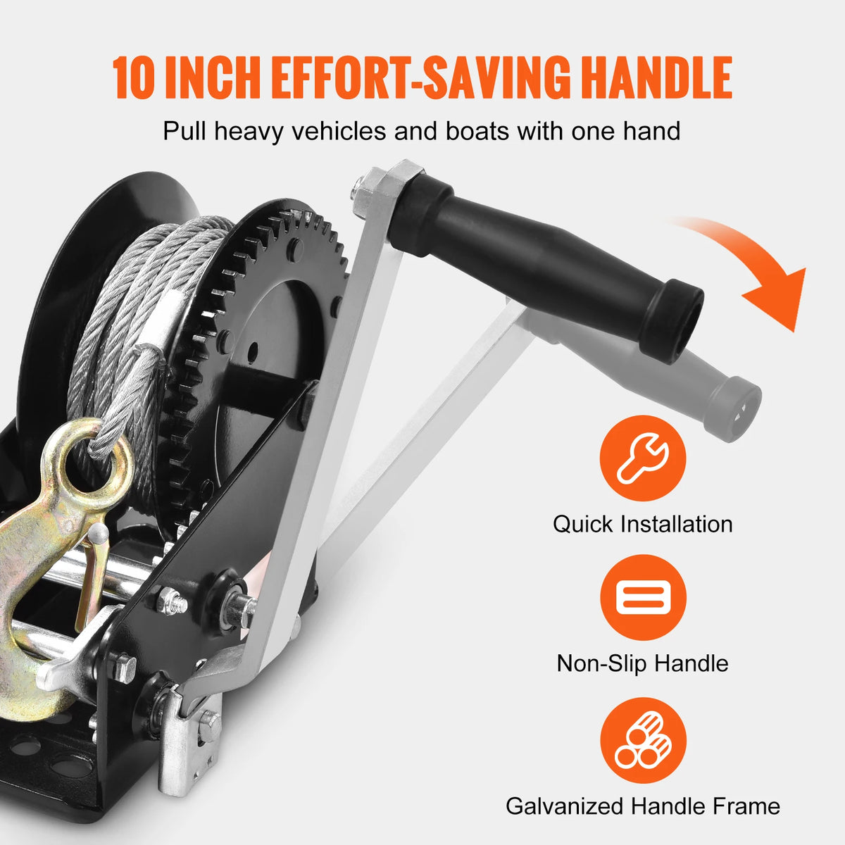 A heavy duty hand winch with a 10 inch effort-saving handle, showing the galvanized frame and quick installation features.