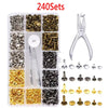 A set of 240 precision metal rivets and fasteners for leather and fabric repair, packaged in clear plastic.