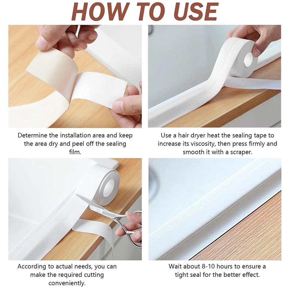 Instructions showing how to use heavy duty self-adhesive silicone sealing tape for a tight seal.