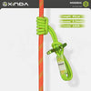 A green auxiliary rope knot is shown attached to a red rope, illustrating a product for outdoor descent protection.