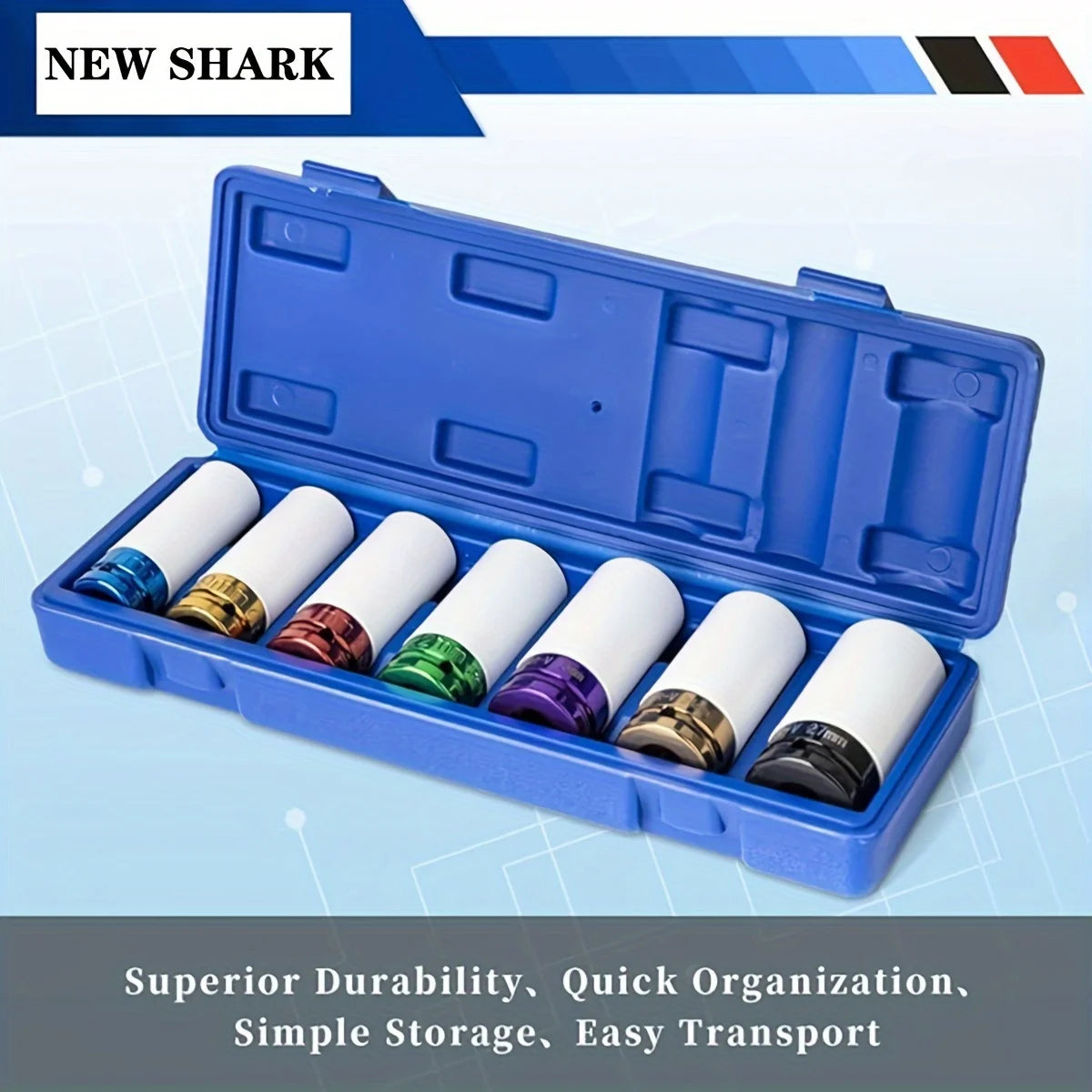 Blue storage case containing a set of black and gold socket bits for drive wheels