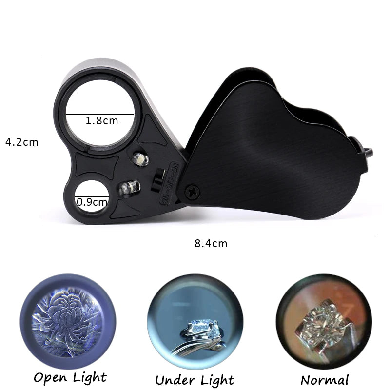 Loupe de bijoutier noire pliable avec mesures et trois vues : lumière ouverte, sous lumière et normale.