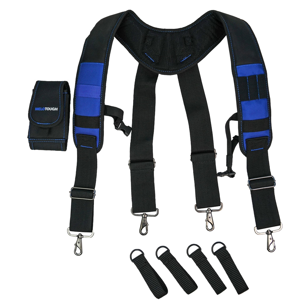Black and blue heavy-duty tool belt suspenders with phone holders displayed on a white background.