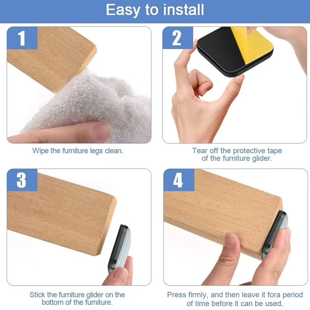 Instructions showing how to easily install self-adhesive furniture sliders for floor protection.