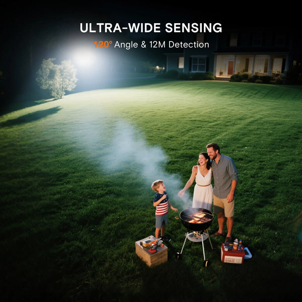 A family is outdoors in a grassy yard near a solar motion sensor security light illuminating the area.