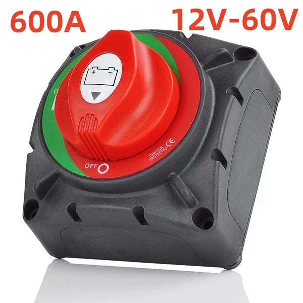 A black heavy-duty auto battery disconnect switch with a red ON/OFF selector and voltage ratings of 12V-60V.