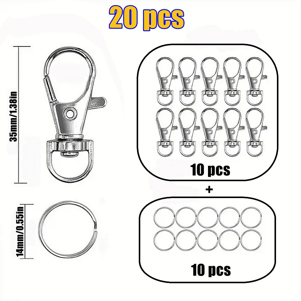 A set of silver swivel snap hooks with key rings, including 20 pieces: 10 hooks and 10 rings.