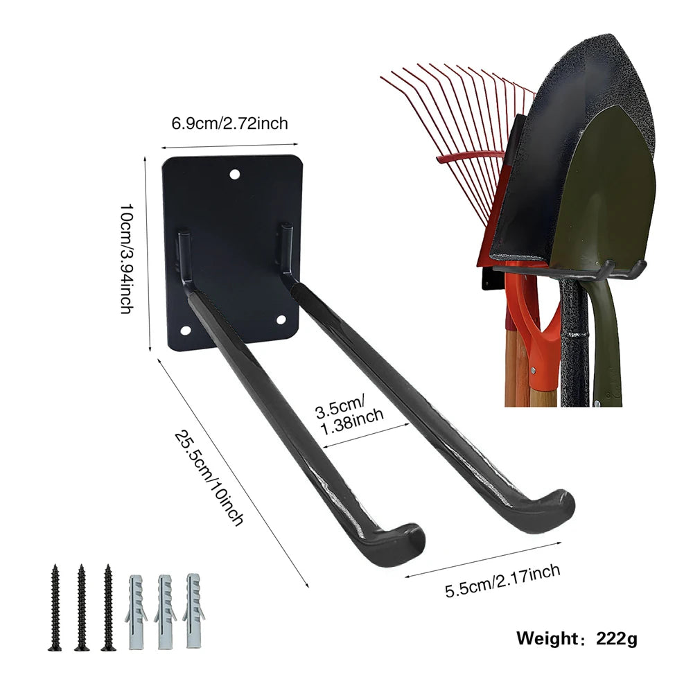 A black heavy duty tool storage rack with a long handle and multiple hooks shown next to its dimensions.