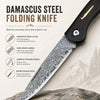 A close-up view of a Damascus steel folding knife with a dark wood handle resting on a rock.