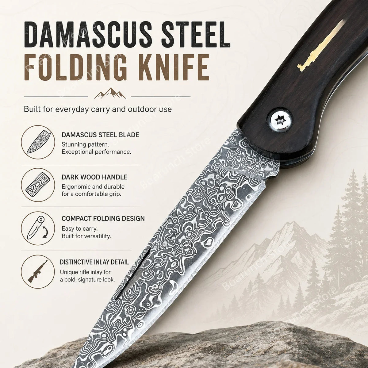 A close-up view of a Damascus steel folding knife with a dark wood handle resting on a rock.