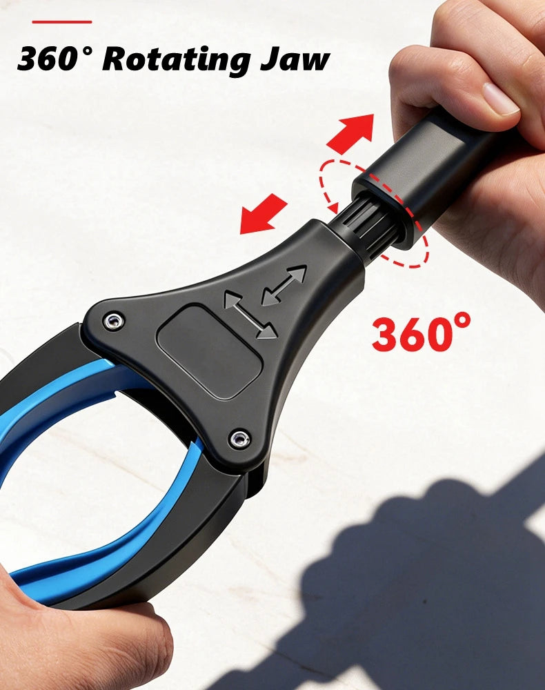 A hand is holding a black silicone garbage grabber tool, demonstrating its 360° rotating jaw feature.