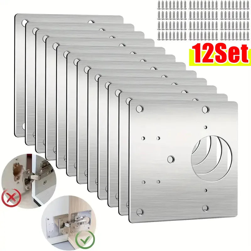 A set of twelve stainless steel cabinet hinge mounting plates shown in various angles with a quality check mark.