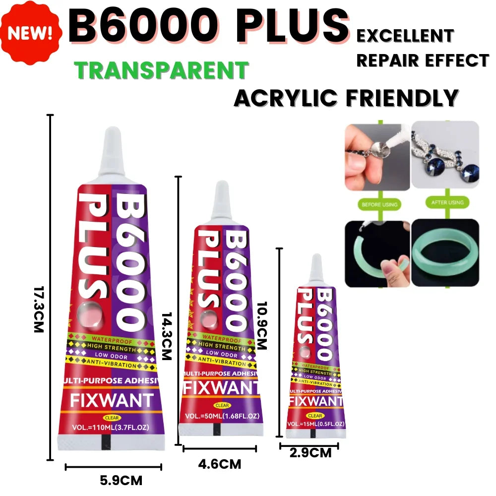 Un set de colle époxy B6000 PLUS en différentes tailles et couleurs, démontrant un excellent effet de réparation.