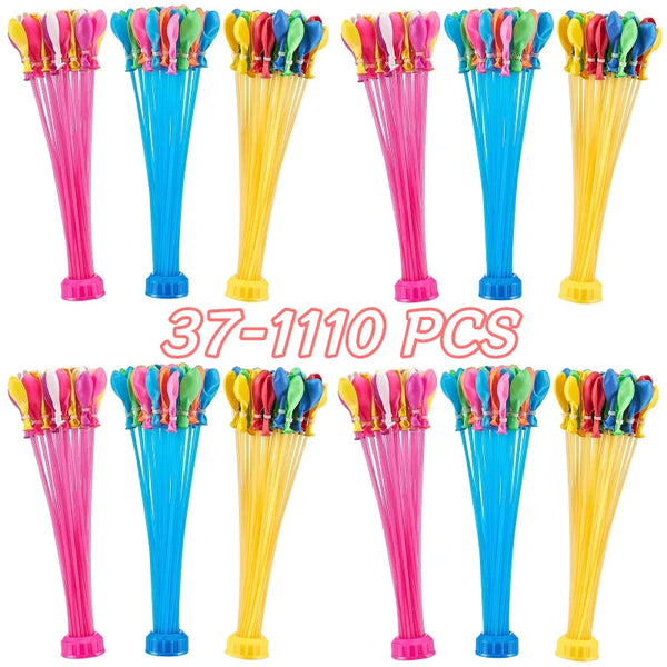 Großpack mit 37-1110 Plastik-Wasserballons in leuchtenden Farben wie Pink, Blau und Gelb.