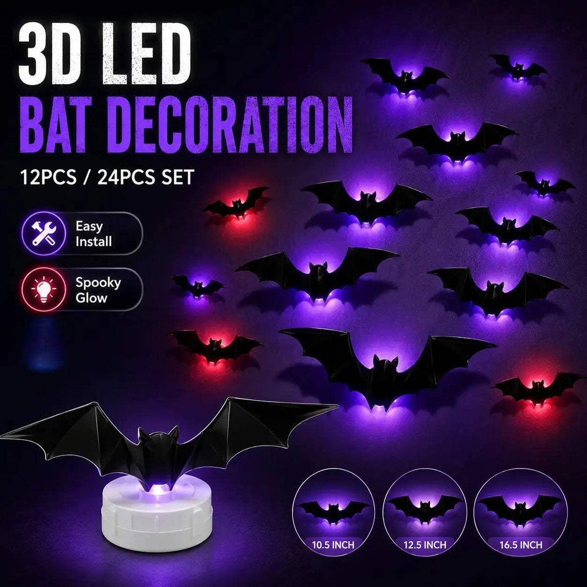 Set von 12 oder 24 3D LED-Fledermausdekorationen in Schwarz und Lila