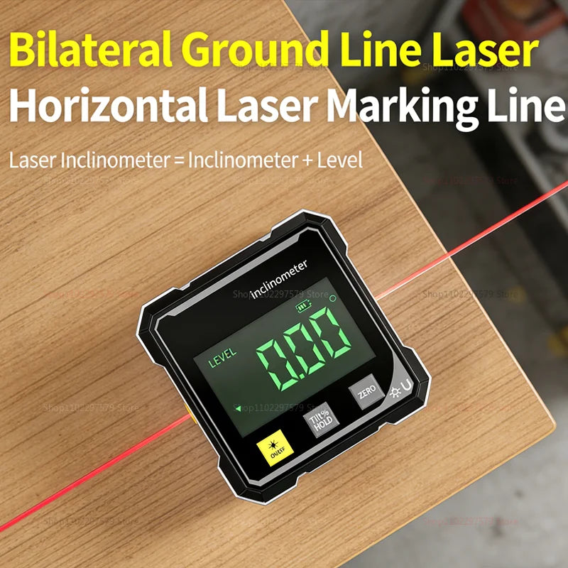 A digital inclinometer laser marking line tool is used to mark a horizontal line on a wooden surface.