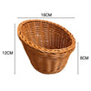 A woven natural rattan serving basket with dimensions 16cm wide, 12cm high, and 8cm at the base.