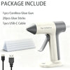 A white cordless glue gun and accessories including a USB-C cable and glue sticks are shown.