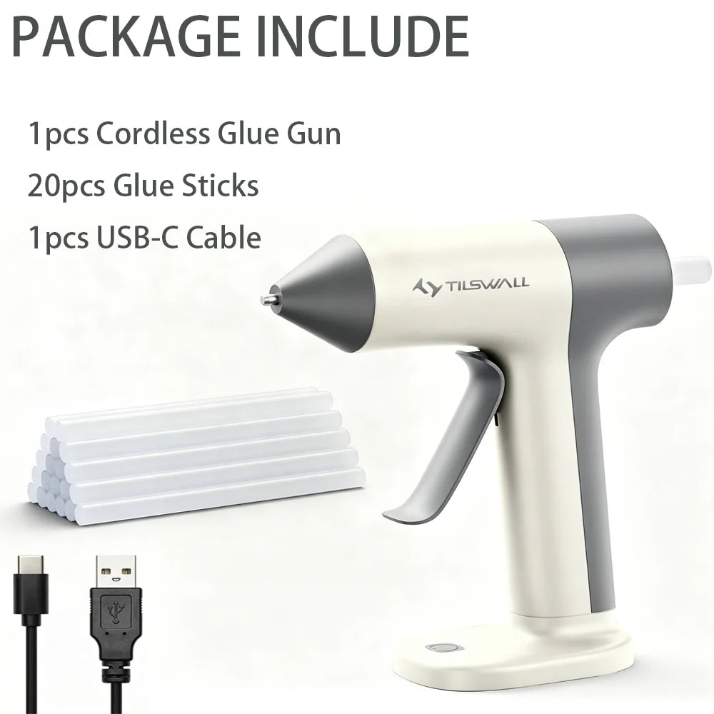 A white cordless glue gun and accessories including a USB-C cable and glue sticks are shown.