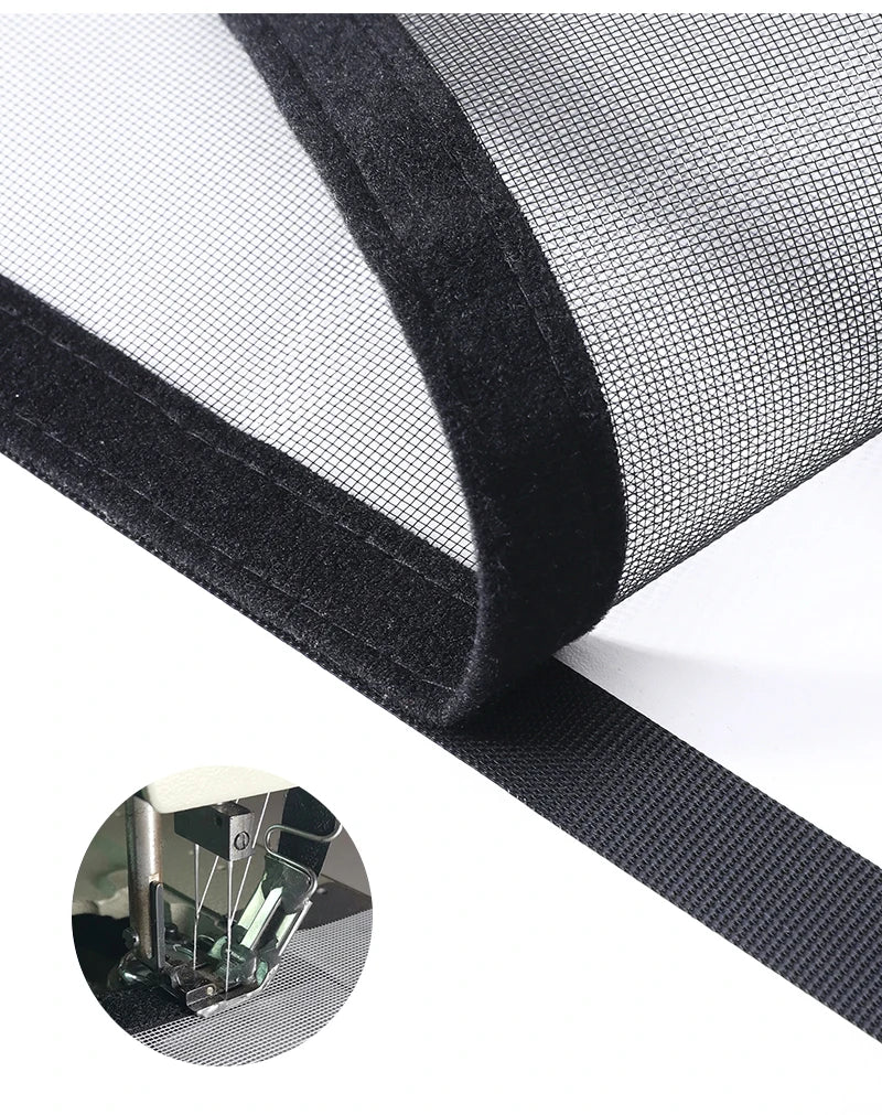 Black window mesh screen with a self-adhesive zipper shown in a close-up view.