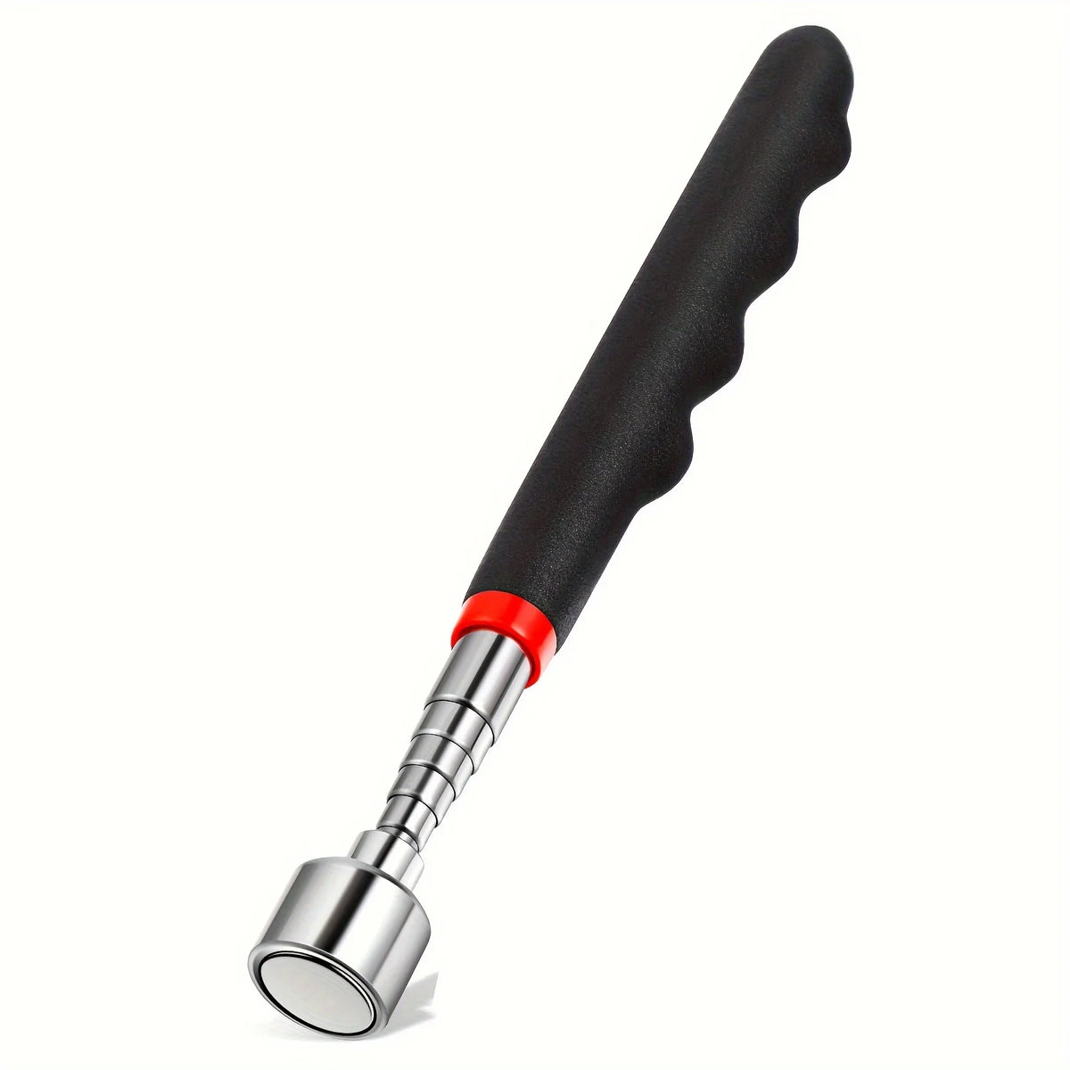 A black telescopic magnetic gripper tool with a silver tip and red accent.