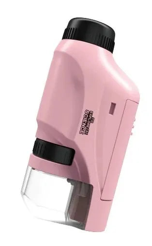 A pink handheld educational microscope with a black cap and clear lens.