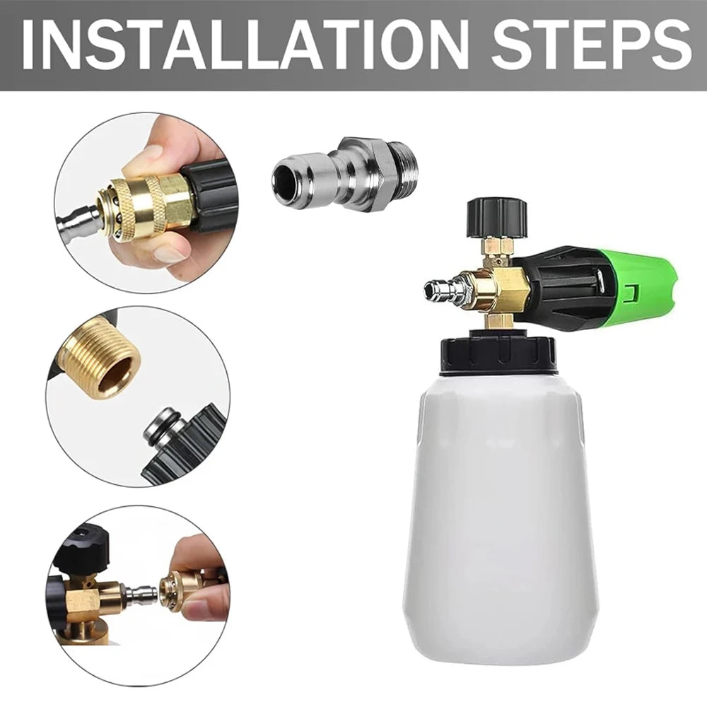 Installation steps showing a high-pressure washer connector set components and assembly process.