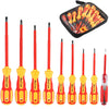 A set of precision magnetic screwdrivers in red and yellow handles and black storage case.
