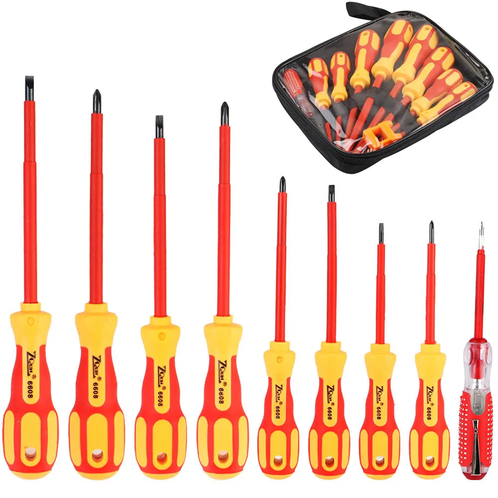 A set of precision magnetic screwdrivers in red and yellow handles and black storage case.