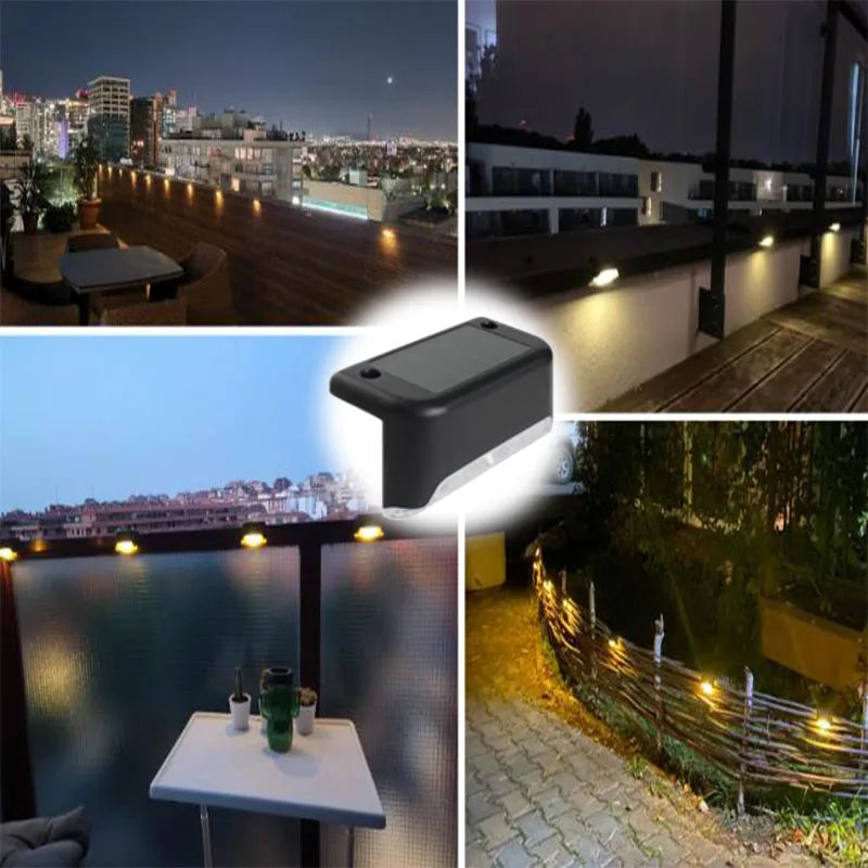 A set of solar LED step lights illuminating outdoor paths and walkways at night.