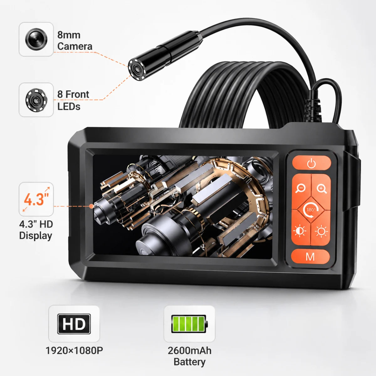 Schwarze Automotive-Boreskop-Inspektionskamera mit 4,3-Zoll-HD-Display und 8-mm-Kameraslinse.