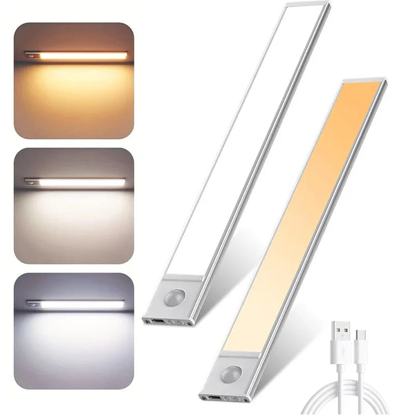 Three versions of magnetic motion sensor LED cabinet lighting strips shown with mounting hardware.