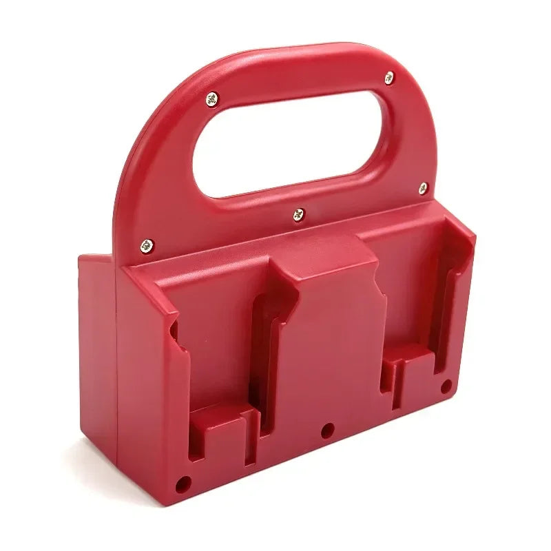 A red heavy-duty portable battery storage rack with a handle and molded slots for holding batteries.