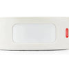 A white wireless infrared curtain security sensor with a rectangular lens and a small red indicator.
