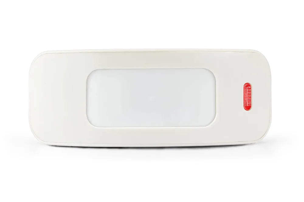A white wireless infrared curtain security sensor with a rectangular lens and a small red indicator.