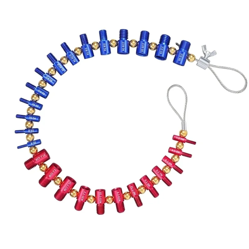 A precision thread gauge set consisting of various sized blue and gold threaded pins for measuring nuts and bolts.