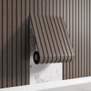 A vertical wooden grid wall sticker with a cylindrical accent, mounted on a light shelf.