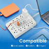 White multi-port power strip with 11 AC outlets, 4 USB A ports, and 2 Type C ports connected to a laptop and a smartphone.